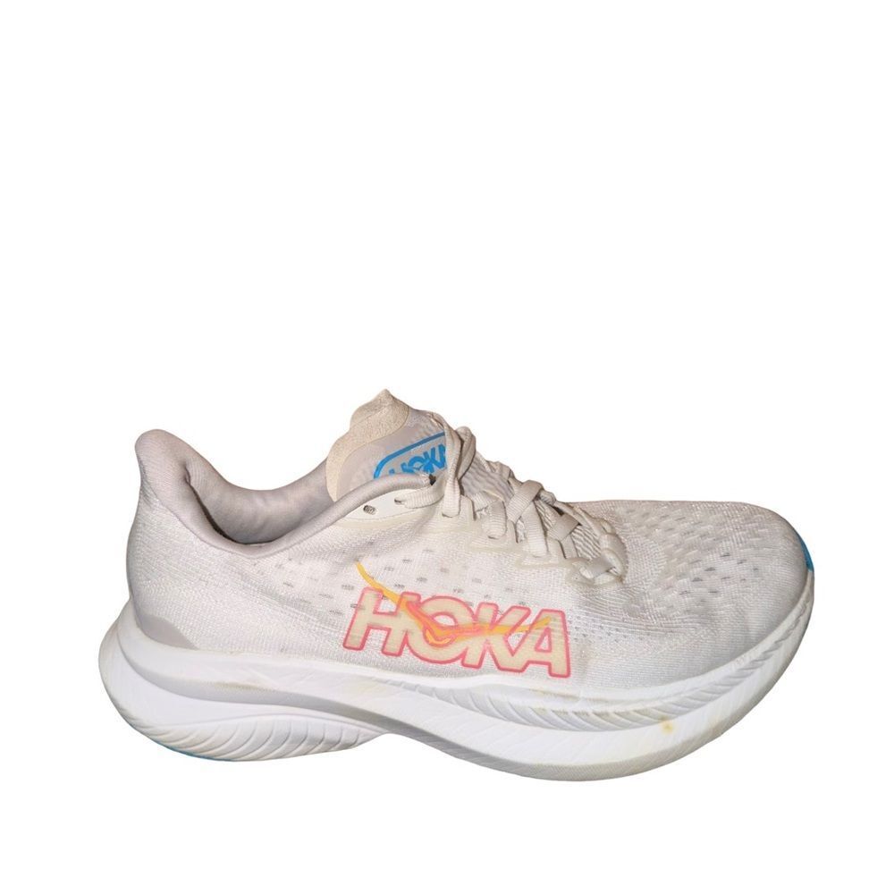 Hoka One One Women's White Running Shoe with Pink and Blue Accents